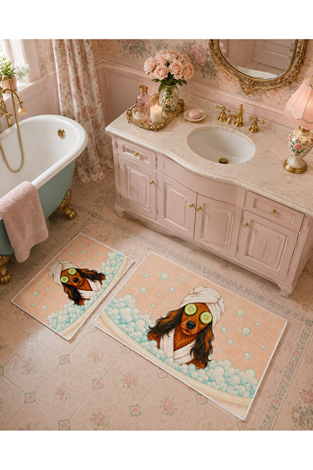 Pink Dog Patterned Non-Slip Base Bath Mat Set of 2 Pastel Children's Bath Rug