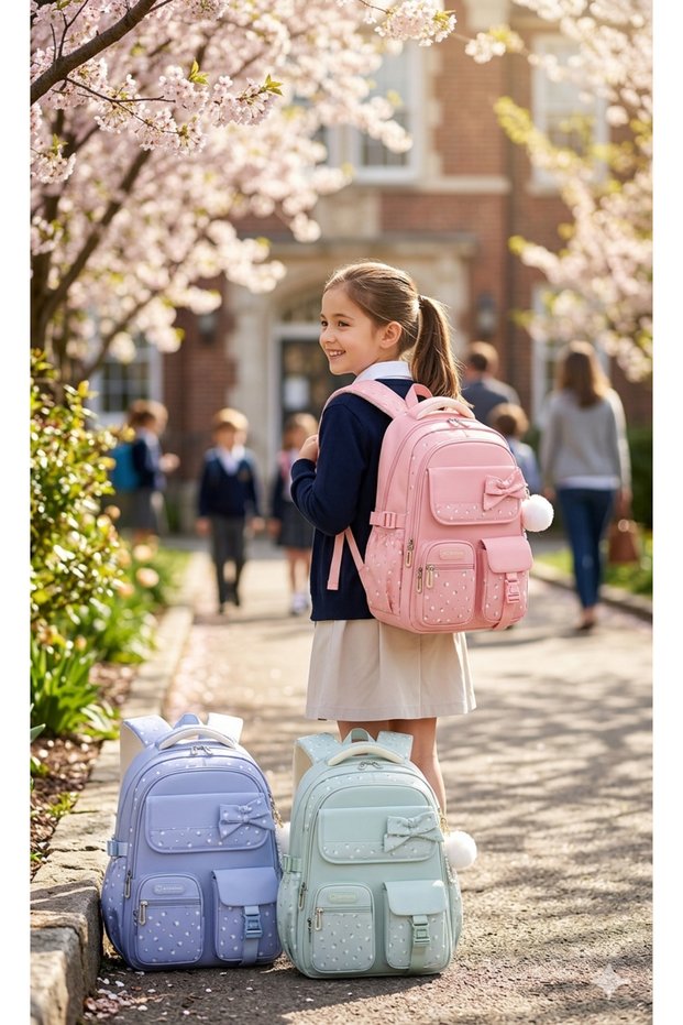 Girls' Backpack School Bag with Bow and Flower Detail