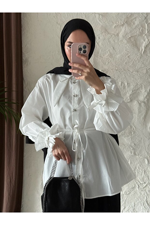 Women's Bow-Tie Look Double Collar Hijab Shirt