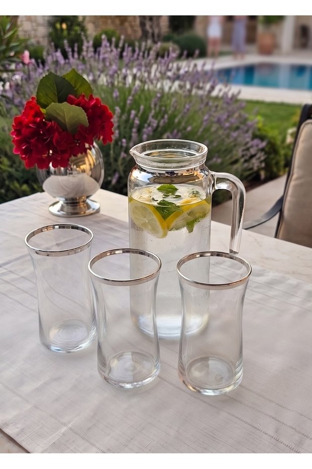 Sahra 4 Piece Jug & Water Glass Set Jug: 1 Liter Glass: 335Cc Hand Painted Real Gold & Silver Tone
