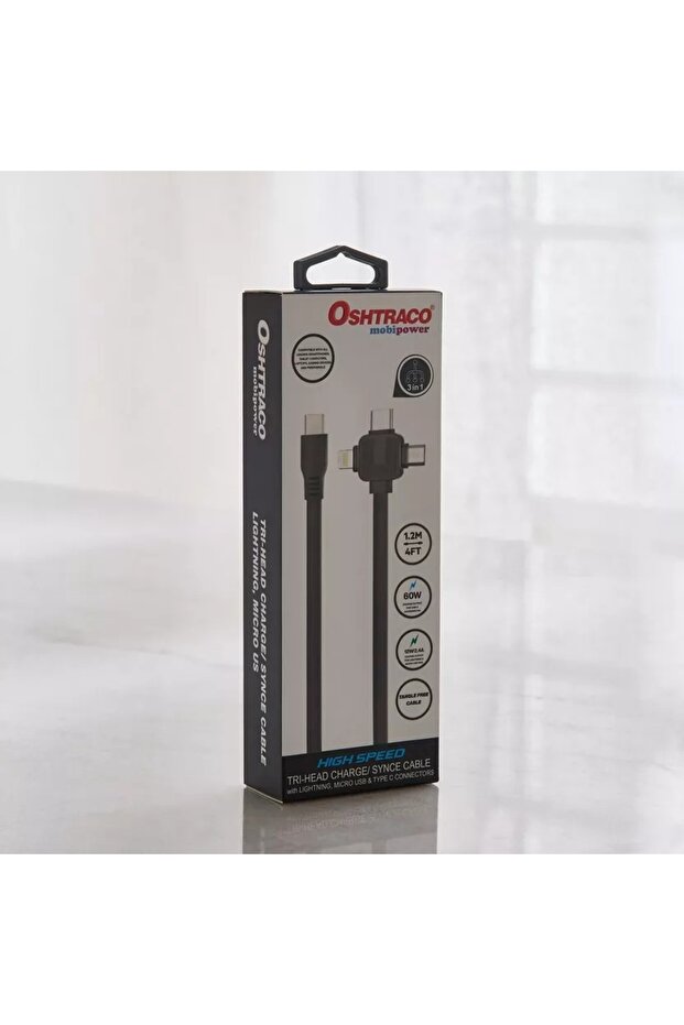 type C tri-head charge/sync cable (lightning, micro USB and type C)