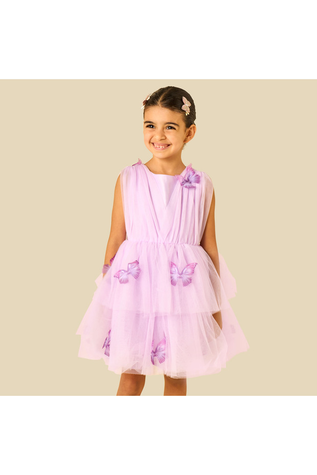 Round Neck Sleeveless Dress with Butterfly Applique