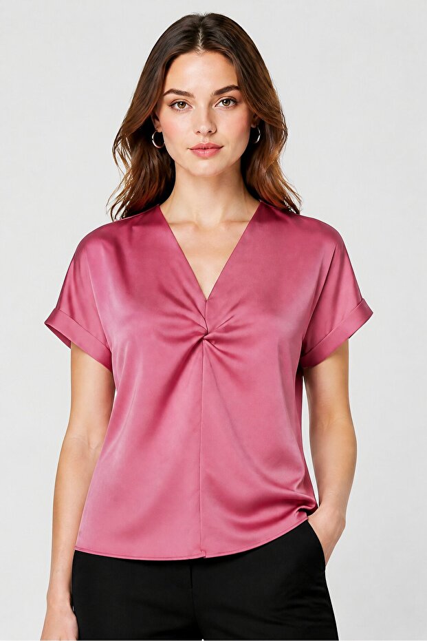 Women V-Neck Cuffed Sleeve Solid Blouse, Mauve