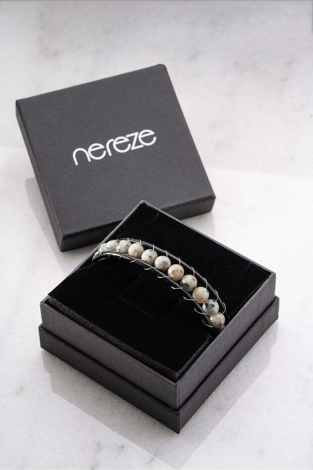 Chrome Plated 8 mm Ceyd Natural Stone Men's Leather Bracelet