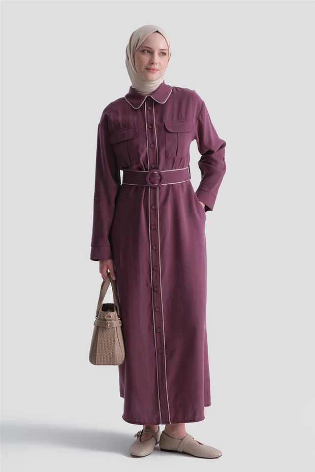 Piping Detailed Dress in Plum Color