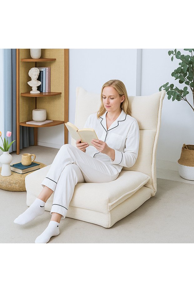 (gq6-Cream)Multi Function Fold Out Floor Sofa Bed, 5 Position Adjustable Backrest Lazy Floor Chair for Apartment Small Space Daily Rest,Light Gray & Cream White 2 Colors