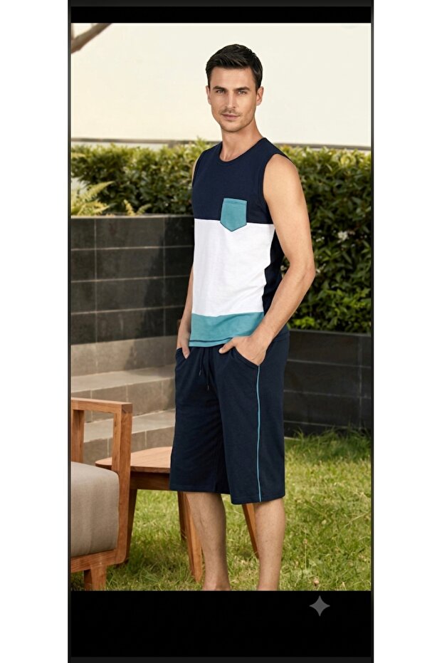 Navy Blue and White Combination Sleeveless Capri a Quality Men's Home Wear Set