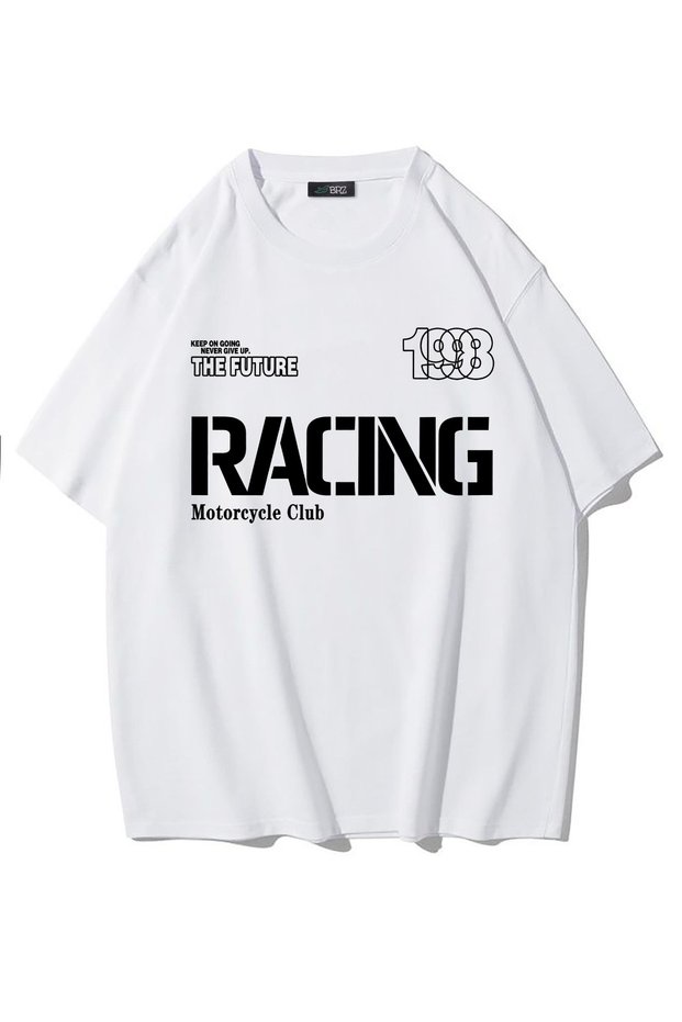 Unisex Oversize Racing Motorcycle Club T-Shirt (White)