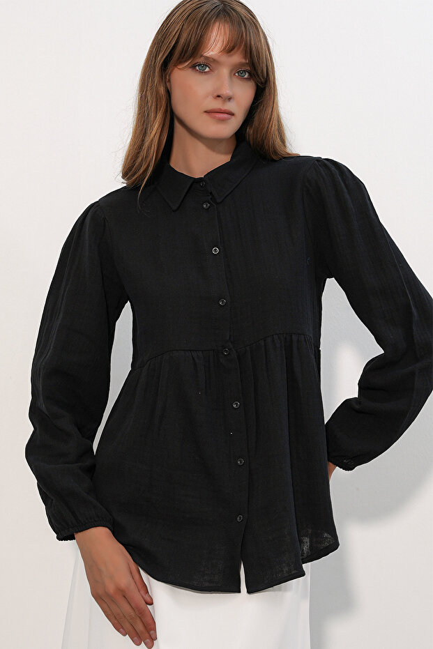 Women's Textured Oversize Linen Shirt 20381 - Black