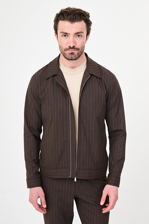 Striped Slim Fit Shirt Collar Zippered Men's Coat Pants Brown - 17167.26Y
