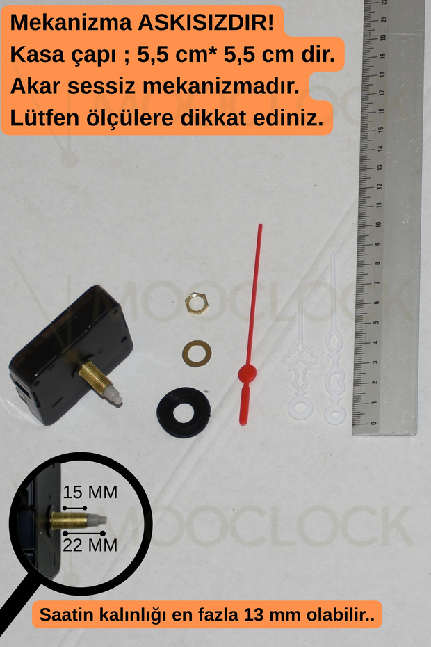 Clock Mechanism, Silent Wall Clock Mechanism, 22 mm Shaft, Minute-Second-Second-(Without Hanger) Short