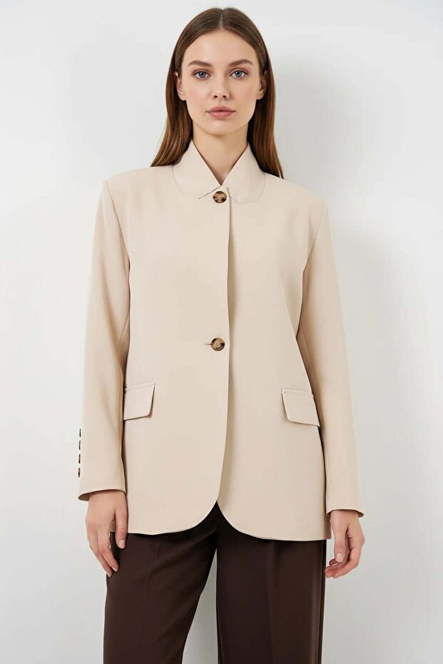 Women's Judge Collar Single Button Oversize Beige Jacket