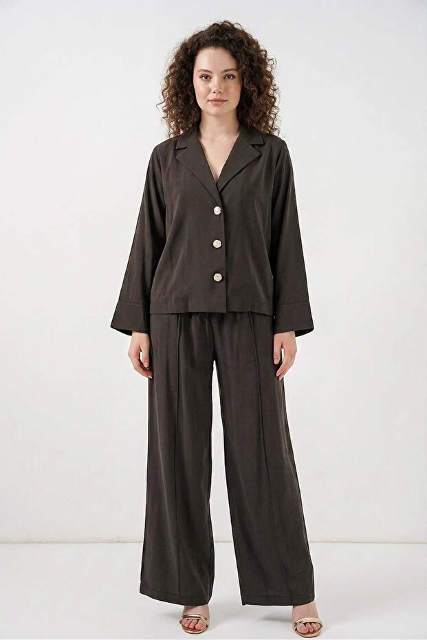 Women's Classic Collar Buttoned Viscose Light Brown Two-Piece Suit