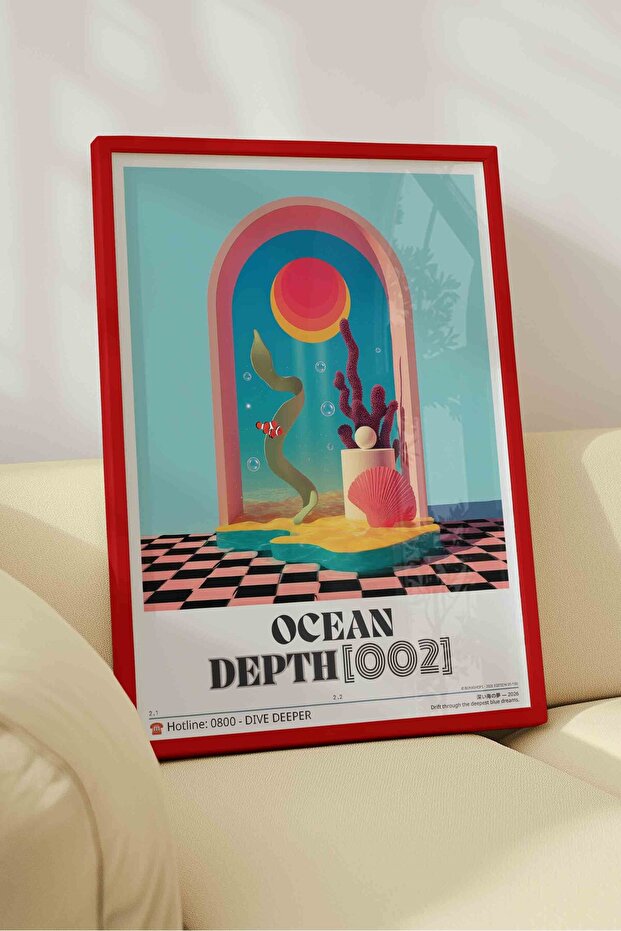 Abstract Sea Coral Painting Surreal – Vaporwave Y2K Art Poster – Red Framed