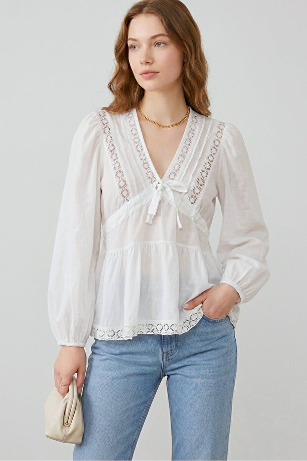 White V-Neck Openwork Lace Striped Flounce Vintage Blouse