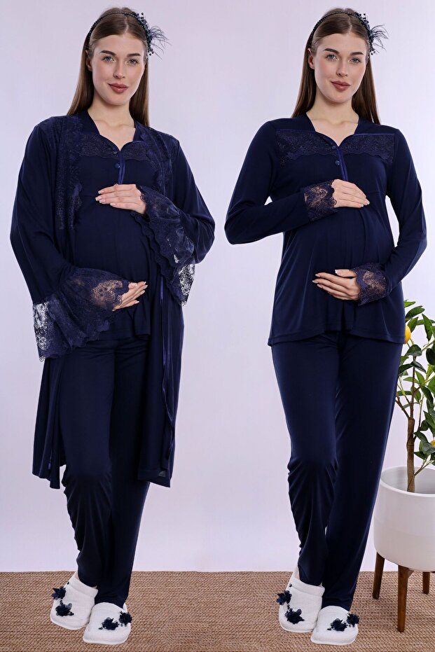Maternity Pajama Set with Nursing Features and Robe Effortt - Navy Blue
