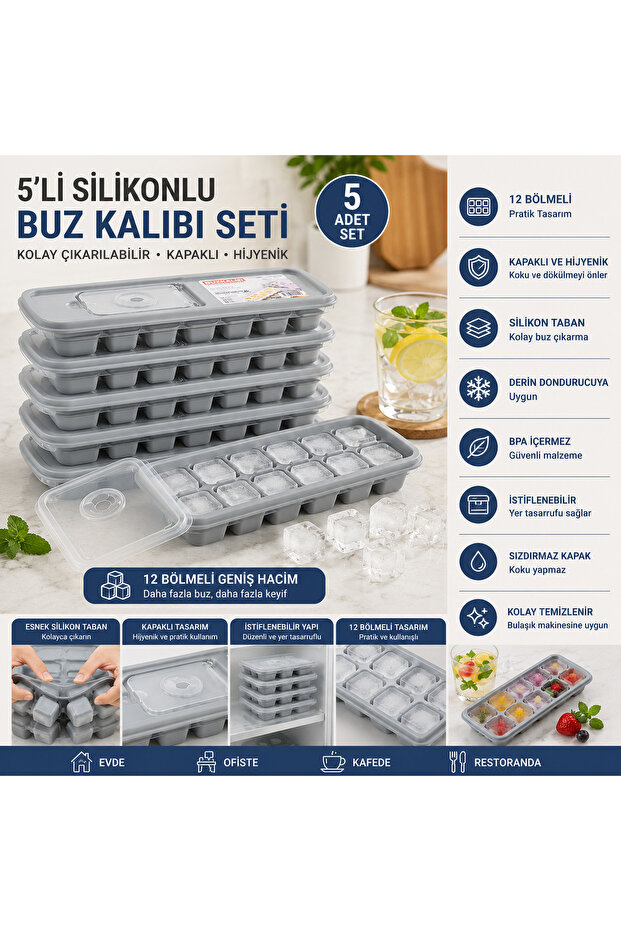 5-Piece Ice Tray Set with Silicone Covers – 10-Compartment Easy-To-Remove Ice Container