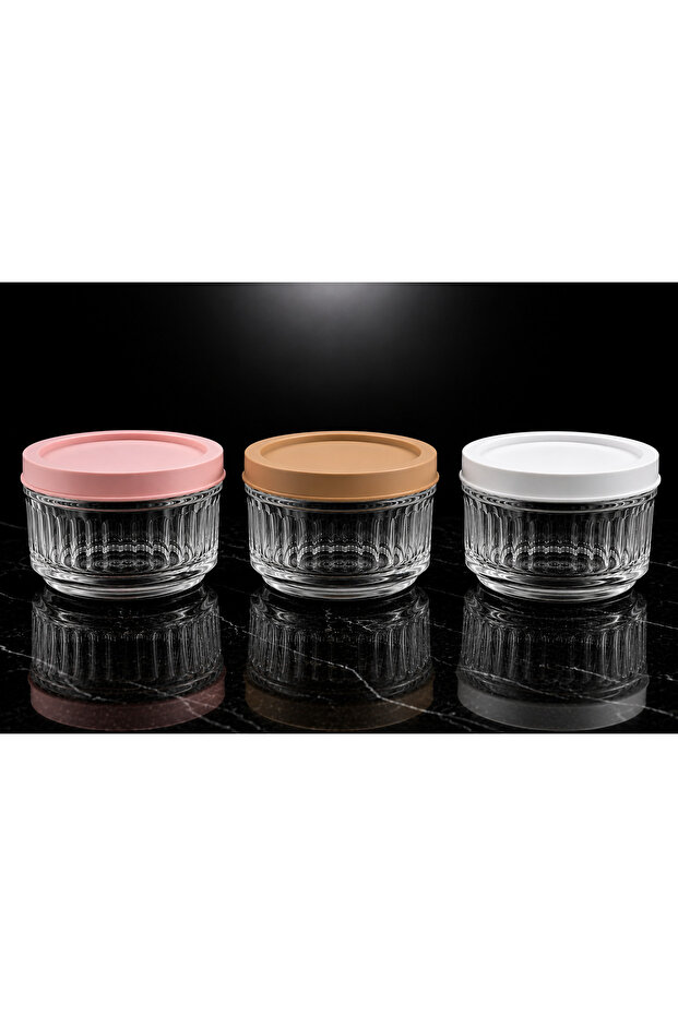 3-Piece Glass Storage Container with Lid 425 Cc | Breakfast Set: Jam Bowl, Olive Bowl, Cheese Bowl | White Cappuccino Powder with Pink Lid