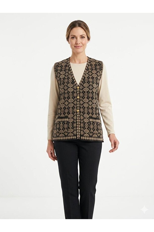 Women's Authentic Patterned Buttoned Knitwear Vest with Pockets Classic Mother's Vest Compatible with Sizes 42-48