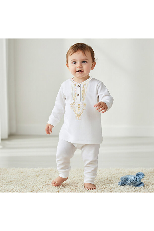 Cotton Henley Neck Long Sleeve Pyjama Set with Embroidery