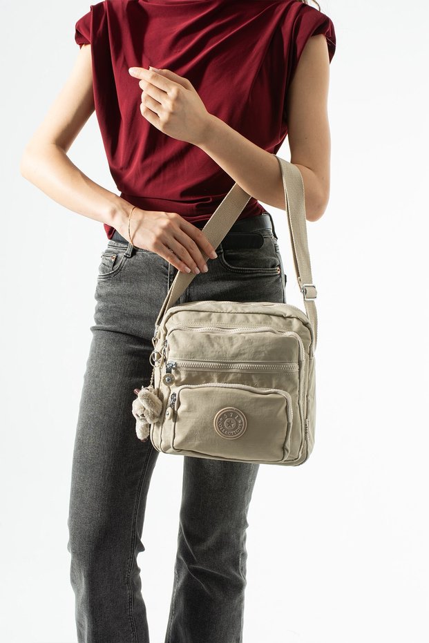 Ultra-Light, Multi-Pocket, Multi-Compartment Crossbody Messenger Bag (Sports, Travel, Casual) Beige Mode