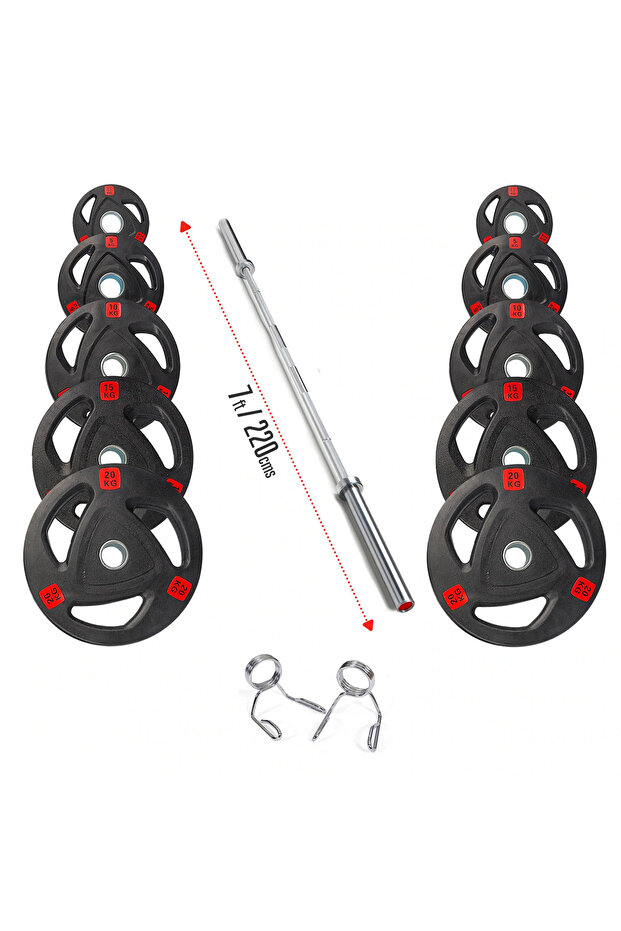 Tri Grip Olympic Plates Incl 7 Ft Olympic Bar Set | 100 kg
