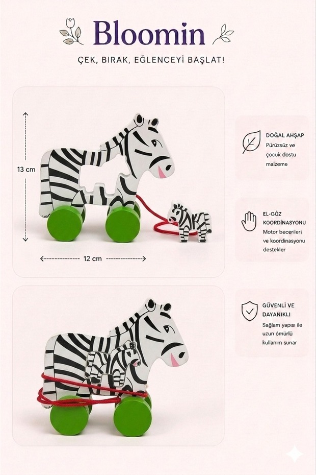Wooden Pull-Along Animal Figured Educational Toy, Hand-Eye Coordination Enhancing Educational Baby Kids Toy