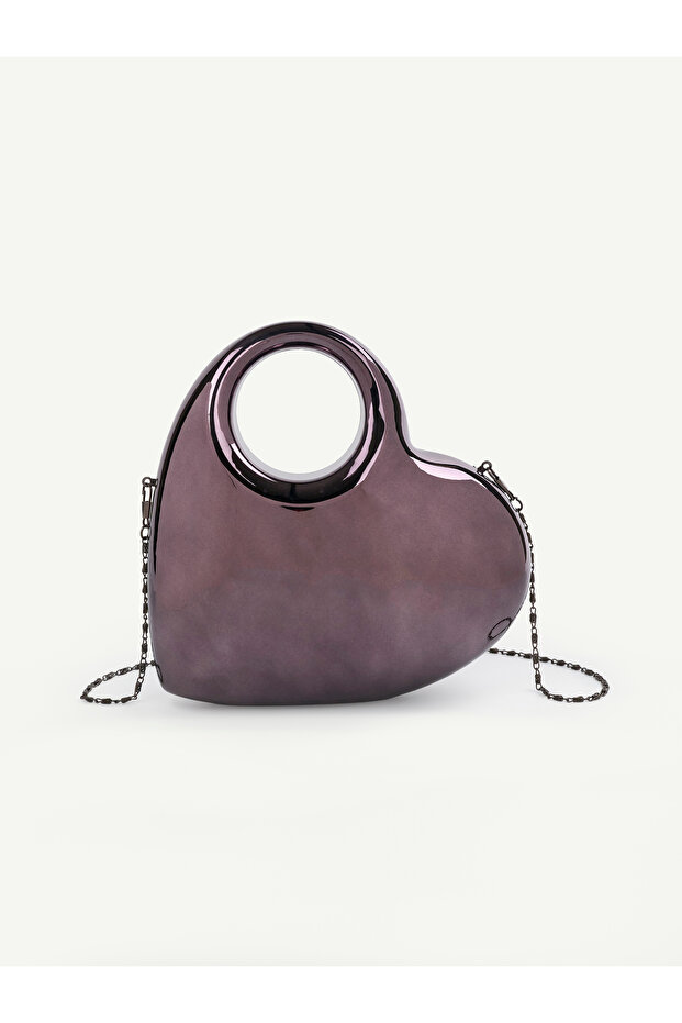 Black Shk320 Heart Shaped, Metallic Look, Evening Dress, Clutch, Hand and Shoulder Bag