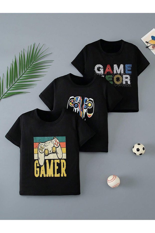 Printed Black 3-Piece Children's T-Shirt 100% Cotton Short Sleeve Knitted Crew Neck
