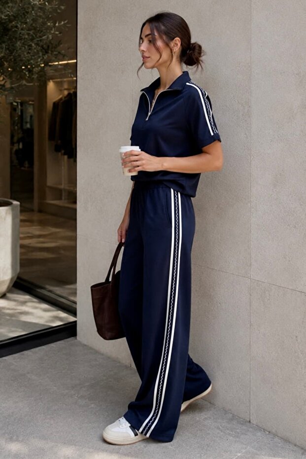 Zipper Collar Stripe Detailed Double Suit Loose Cut Wide Leg Women's Suit My3535