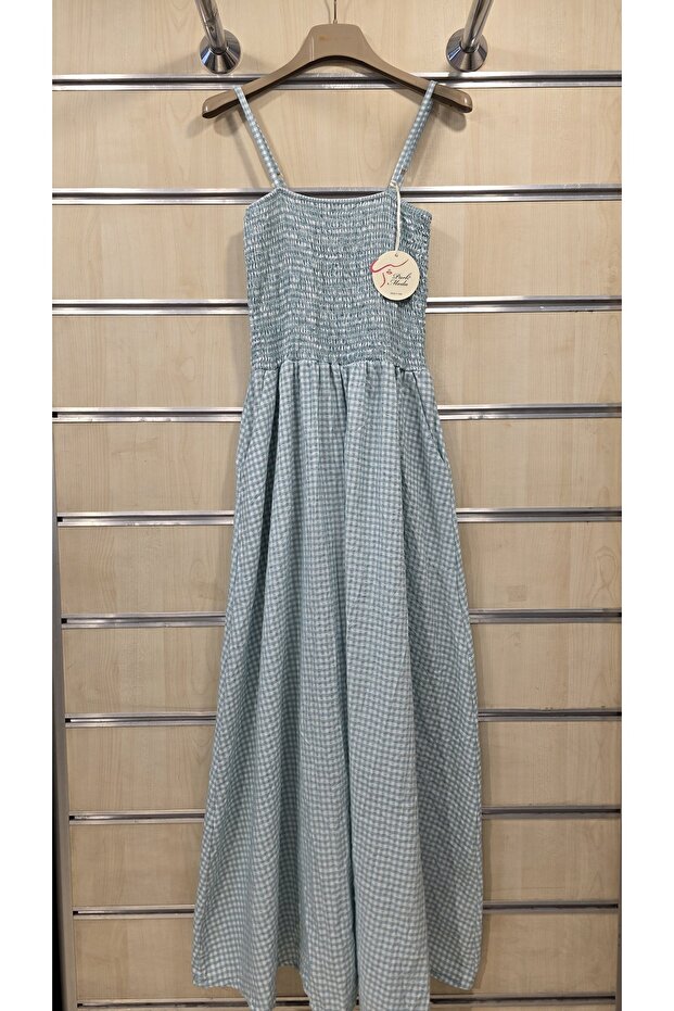 Rochie lungă din bumbac cu bretele și model Gingham - 1