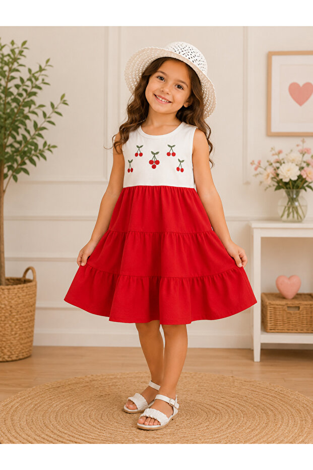 Girl's Cherry Embroidered Straw Hat Dress