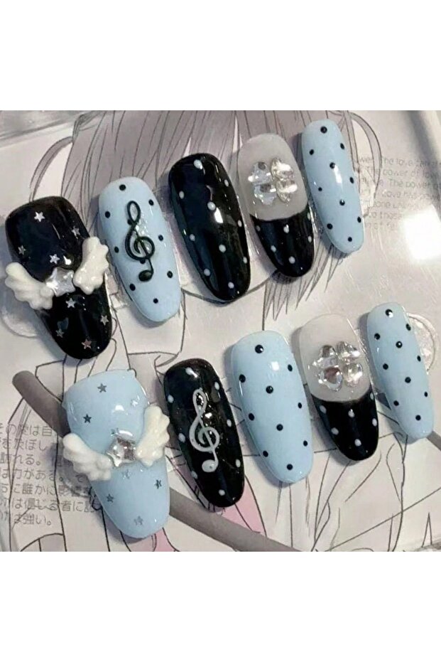 SJ0561-S 10 Hand Pressed Oval Nails, Beautiful Fake Nails, Blue and Black Polka Dot Angel Wings, Sui