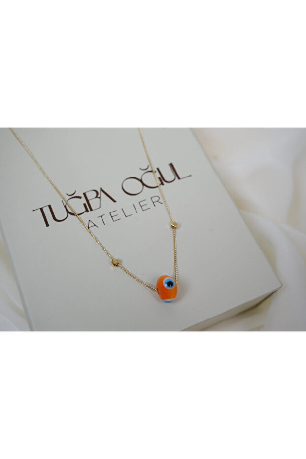 Kol481 Orange Glass Evil Eye Beaded Gold Necklace