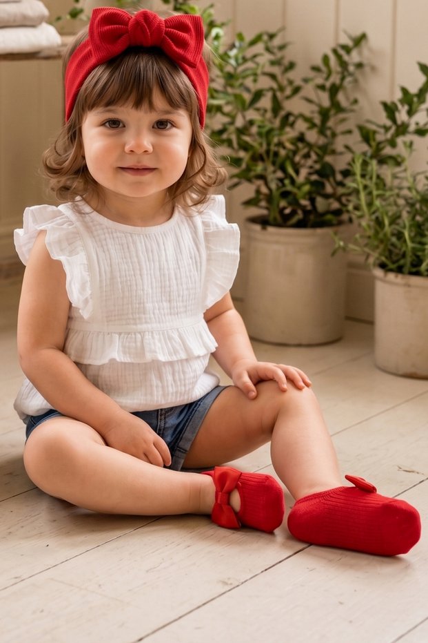 Baby Girl Red Satin Bow Socks and Ribbed Knotted Headband Bandana Set
