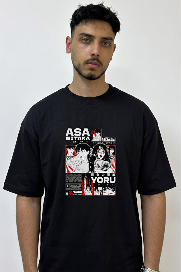 Asa Mitaka Yoru Design Printed Oversize Black T-Shirt