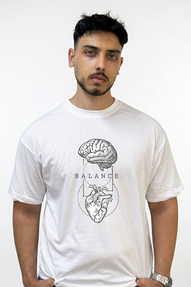 Brain Heart Balance Design Printed Oversize White T-Shirt