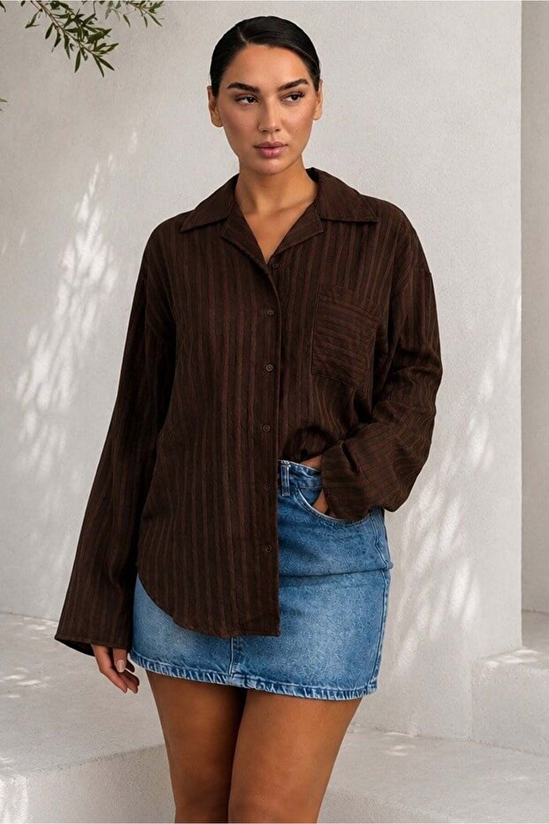 Brown Line Patterned Relaxed Fit Women's Shirt Mg2741