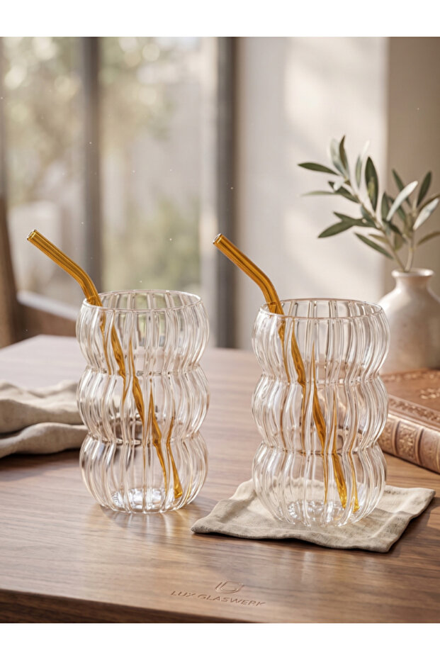 2-Piece Borosilicate Glass Goblet Cocktail Set with Glass Straws 500 ml Soft Drink Glass