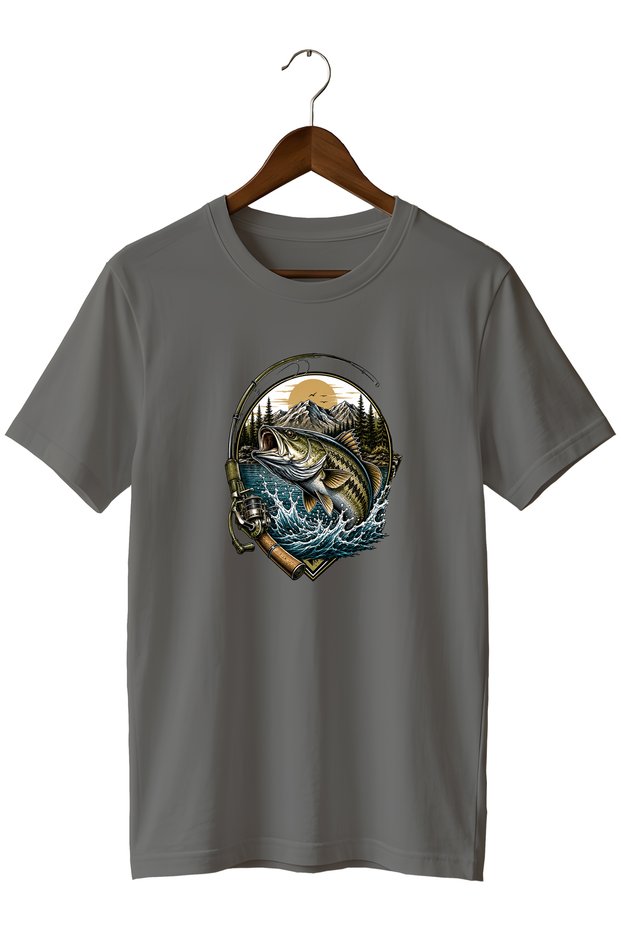 Fish Printed Unisex T-Shirt Fishing Outdoor Nature and Fishing Themed Crew Neck T-Shirt