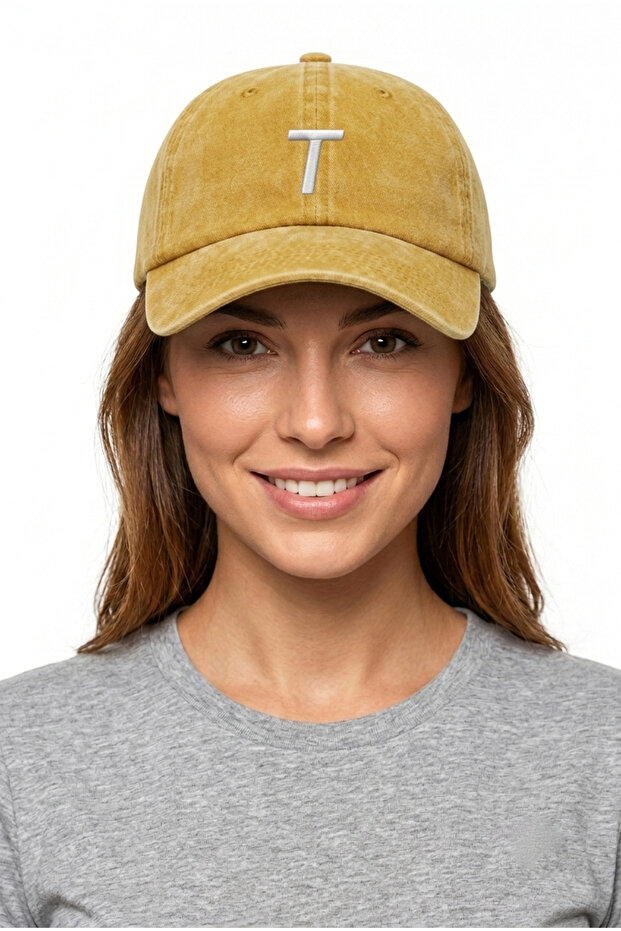 Yellow Embroidered Washable Vintage Unisex Hat with Letter t