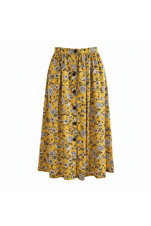 Treasure Island Women's Yellow Floral Button-Down Midi Skirt