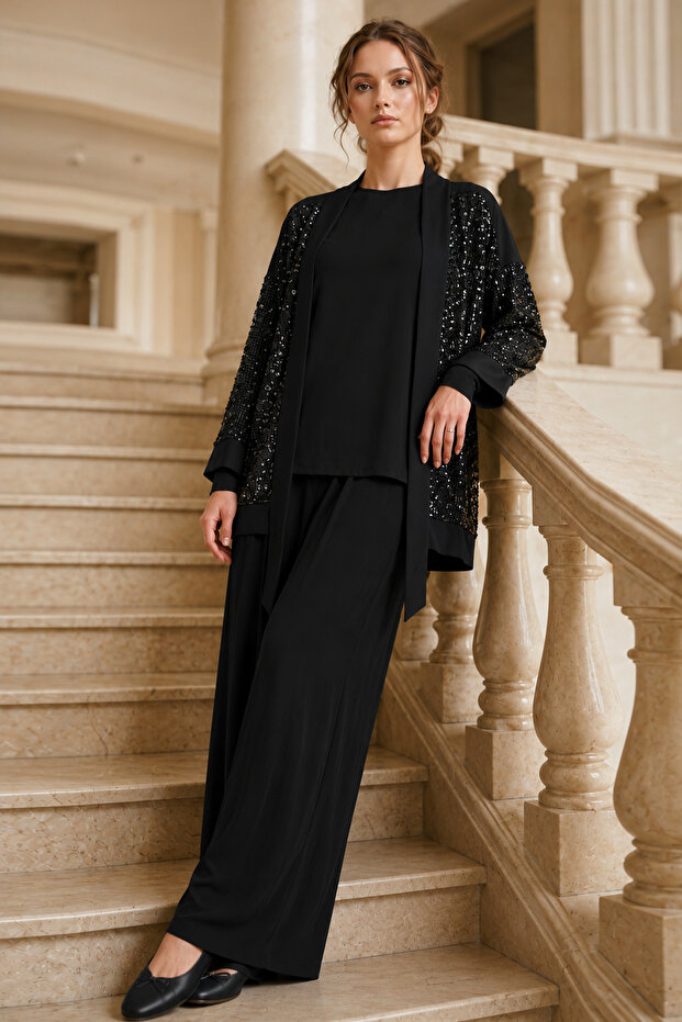 Sequined Hijab Suit A9268 Black