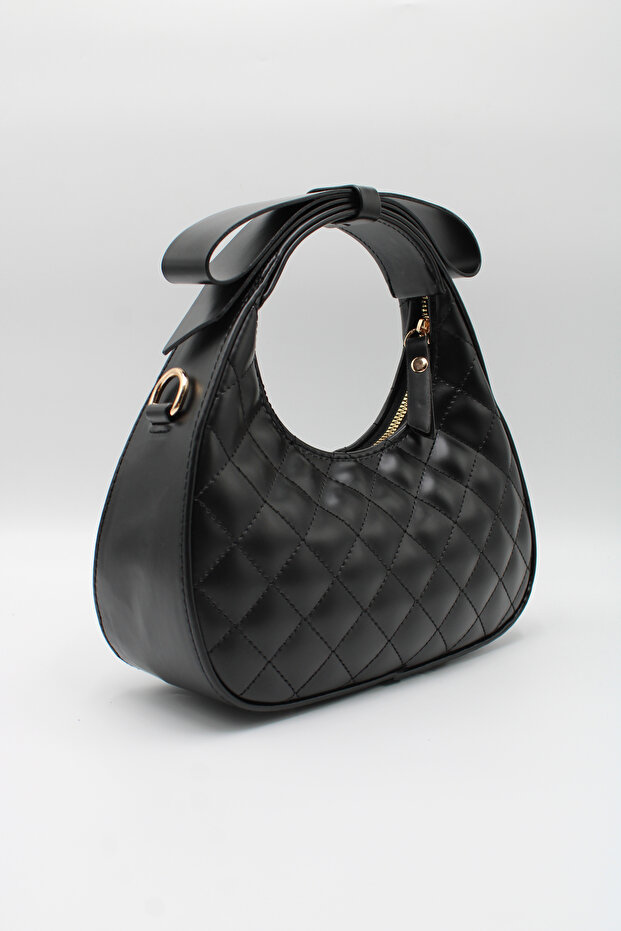 Women's Black Quilted Patterned Bow Design Detailed Crossbody Hand and Shoulder Bag
