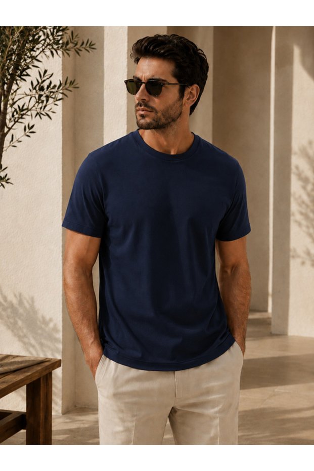 Men's Navy Blue Cotton Slim Fit Crew Neck Basic T-Shirt