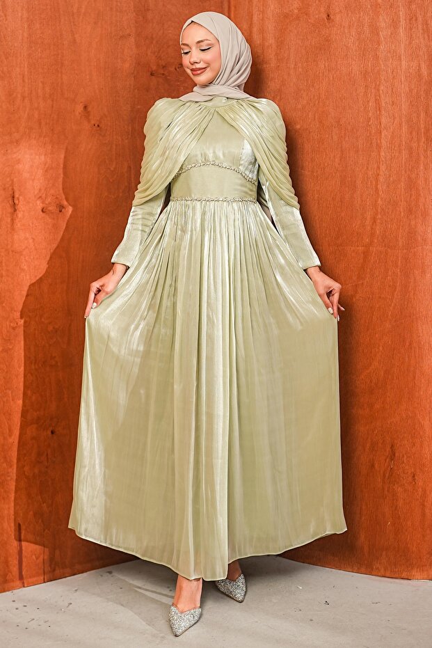 Mint Green Draped Janjan Evening Dress with Stones at the Waist