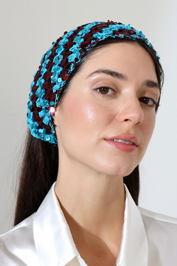 Burgundy Blue Sequined Hand Knitted Triangle Bandana – Handmade Hair Band