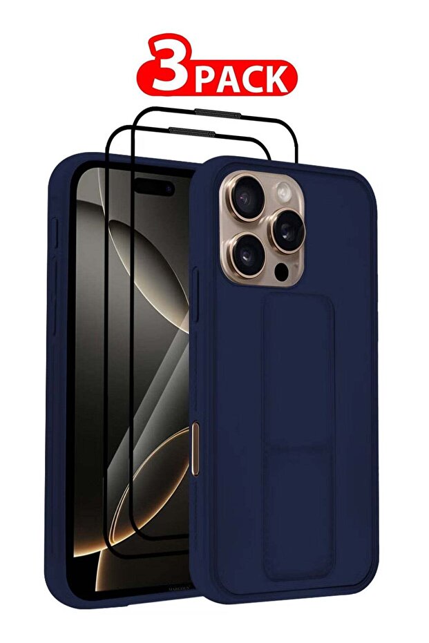 3-Pack Premium PU Leather Case & Screen Protectors for iPhone 16 Pro Max – Shockproof, Anti-Scratch, Stand Function, Finger Grip Case Cover (Blue)