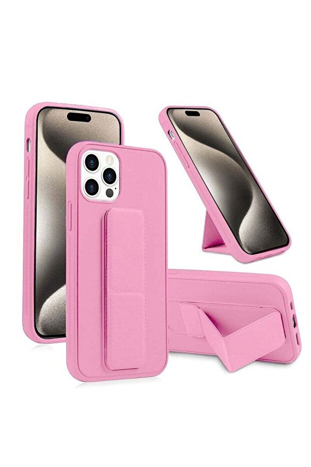 Hand Grip Foldable Magnetic Kickstand Wrist Strap Finger Grip Case for iPhone 15 Pro 2023 - Light Pink