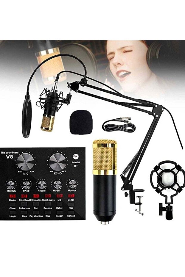 Microphone, Live Sound Card & BM800 Suspension Microphone Kit Broadcasting Recording Condenser